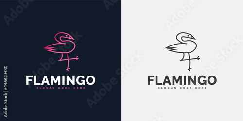 Cute Pink Flamingo Logo Design with Line Style