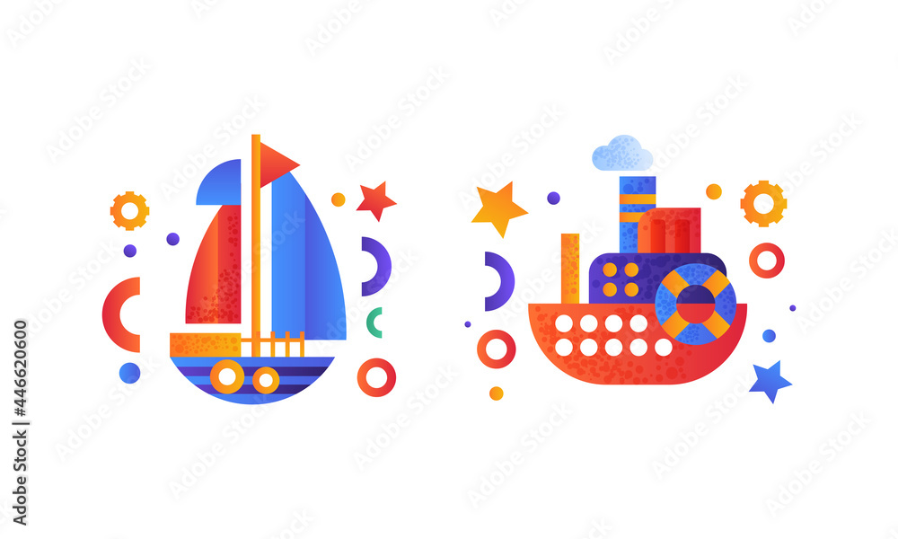 Water Transport Set, Yacht, Passenger Cruise Ship Icons Flat Vector Illustration