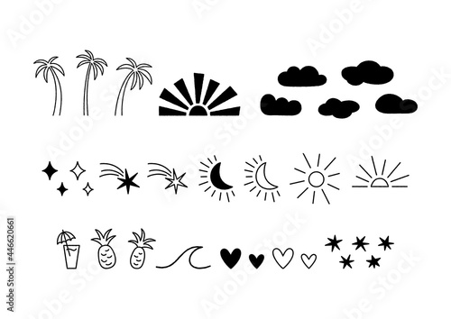 Hand drawn silhouette summer set with rough edges isolated on white. Palm tree  sun  stars  moon  cloud  sea wave  pineapple and cocktail. Summer icons  line art tropical elements. Vector illustration