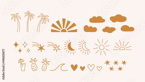 Hand drawn silhouette summer set with rough edges. Palm tree, sun, stars, moon, clouds, sea wave, pineapple and cocktail. Summer icons, line art holiday elements. Vector illustration, vintage style