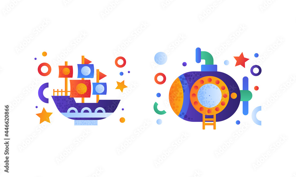 Water Transport Set, Steamboat, Submarine with Periscope Icons Flat Vector Illustration