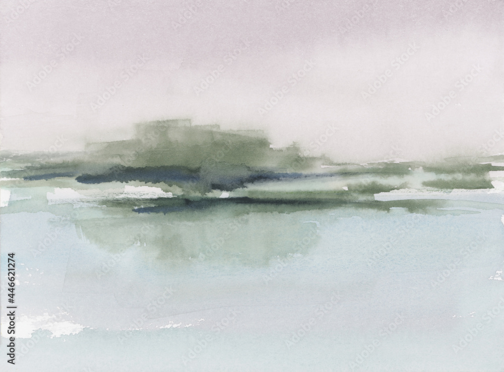 Obraz premium Abstract Landscape with Purple Sky, Green Trees Field, Hand Drawn on Paper