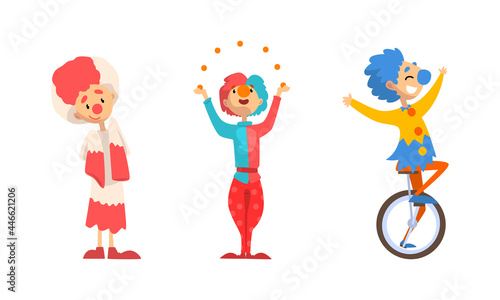 Funny Clowns Characters Set, Men in Colorful Costumes Juggling Balls, Riding Unicycle at Circus Show Cartoon Vector Illustration