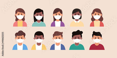 Set of children cartoon. collection of boys and girls wearing medical mask to prevent disease, flu, air pollution, contaminated air, world pollution.