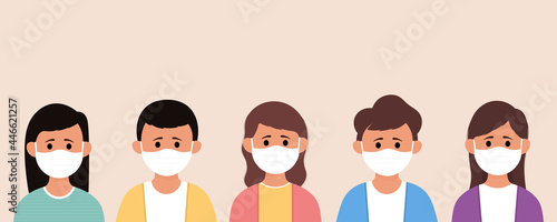 Group of children wearing medical mask to prevent disease, flu, air pollution, contaminated air, world pollution in flat style.