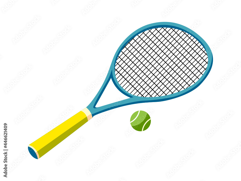 Tennis racket and a ball illustration. Sports vector isolate don na white background. Colorful icon.