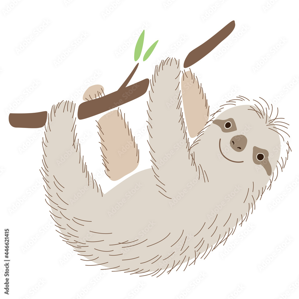 Fototapeta premium A cute cheerful sloth hangs on a branch and smiles. Holds with paws. Stylish vector graphics