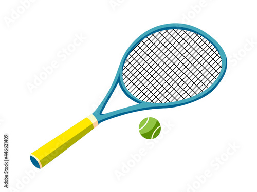 Tennis racket and a ball illustration. Sports vector isolate don na white background. Colorful icon.