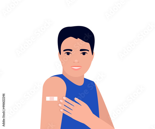 Young man after vaccination show arm with patch. Protection hand with bandage after receiving inoculation. Concept vaccine coronavirus. Vector illustration