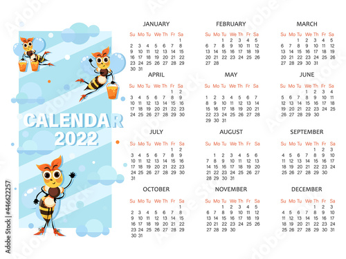 Bees calendar 2022. Calendar template for childrens notebook, organizer with cute bees