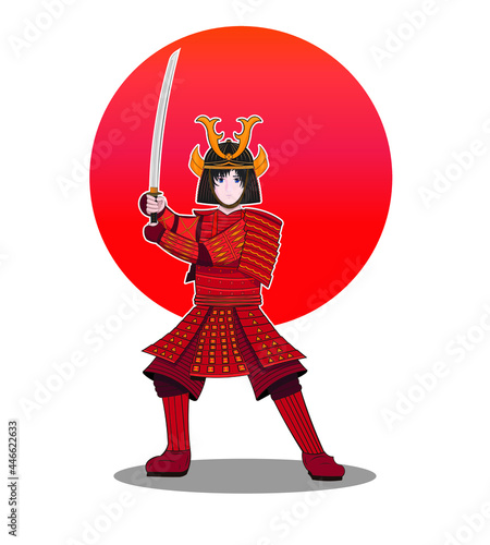 Smart Japanese samurai or ninja or swordsman holding Katana sword dress in red armor drawing in vector