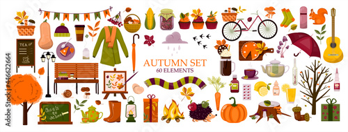 Big vector autumn set. Cartoon cliparts. Template backgrounds with pupmkin pie  hot spiced tea and autumn leaves. Flat design illustration