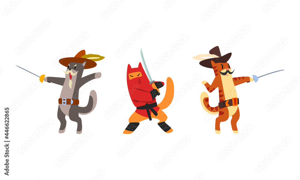 Warlike Animals Set, Musketeer Cat Characters Fighting with Sword Cartoon  Vector Illustration Stock Vector | Adobe Stock