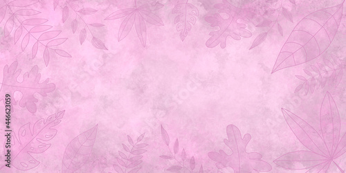 Abstract watercolor pink background with leaves in the form of a frame. An illustration of grunge flowers.