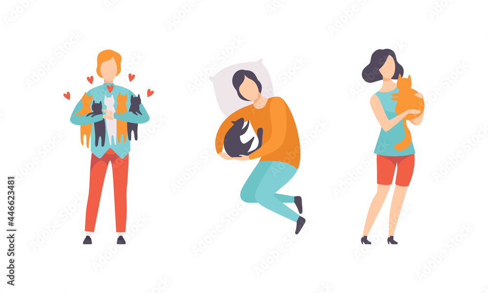Cat Owners Spending Time with their Pets Set, People Hugging and Petting Cats Flat Vector Illustration Cat Owners Spending Time with their Pets Set, People Hugging and Petting Cats Flat Vector Illustration