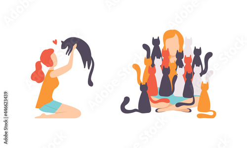 Cat Pet Owners Set, Young Woman Surrounded by Pets Flat Vector Illustration