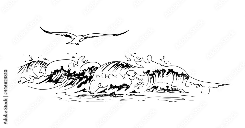 Obraz premium Seagull Flies Over the Sea Wave. Line Art Sketchy Design.