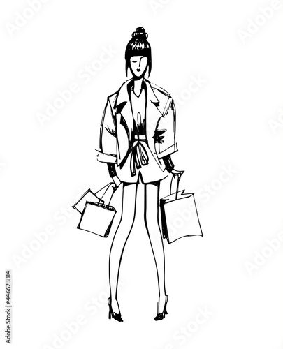 Glamorous Girl with Shopping Bags. Vector Freehand Illustration.