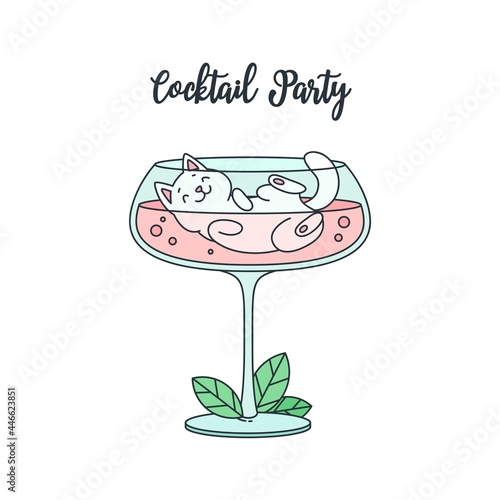 Cocktail Party. Illustration of a funny white cat swimming in a cocktail glass. Can be used as invitation or banner.