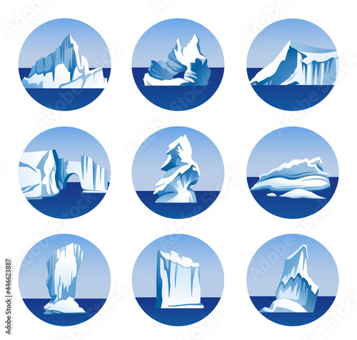 Set of round vector illustrations with icebergs, glaciers, blocks of ice, ice floe isolated, snow mountains. Arctic, Antarctic and North Pole scenic view. Collection of cartoon vector illustrations