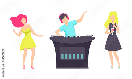 People Dancing at Party, DJ Playing and Mixing Music Flat Vector Illustration