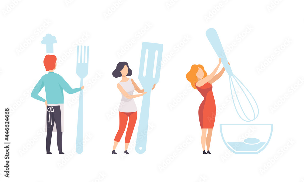 People Holding Huge Kitchen Tools Set, Man and Woman Cooking with Spatula, Fork and Whisk Flat Vector Illustration People Holding Huge Kitchen Tools Set, Man and Woman Cooking with Spatula, Fork and Whisk Flat Vector Illustration