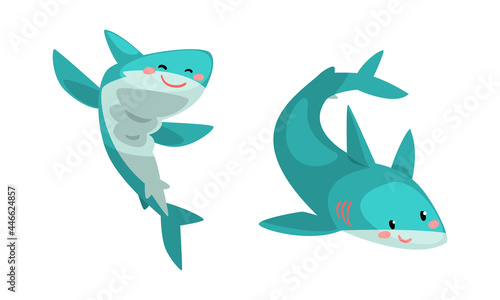 Cute Funny Sharks set  Amusing Sea Animal with Smiling Faces Cartoon Vector Illustration