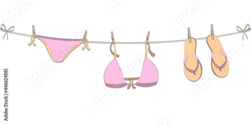 cartoon pink hanging bikini and flip flops af man and woman vector decorative garland isolated on white background for summer season