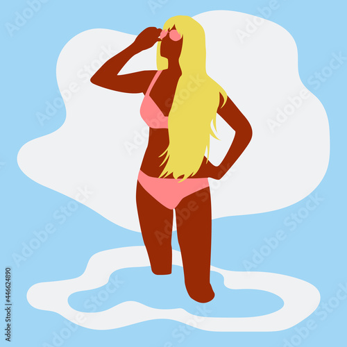 Vector illustration in a flat style on the theme of summer holidays. A tanned young girl with long blonde hair in a pink swimsuit and sunglasses is standing in the sea and looking at the sun.