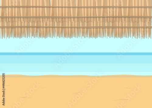 under tropical umbrella view to the sea, natural background, vector illustration for summer season in blue and yellow tones photo