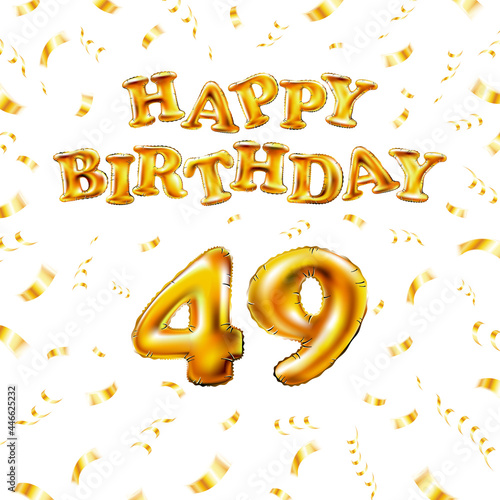 Golden number forty nine metallic balloon. Happy Birthday message made of golden inflatable balloon. 48 number etters on white background. fly gold ribbons with confetti. vector illustration photo