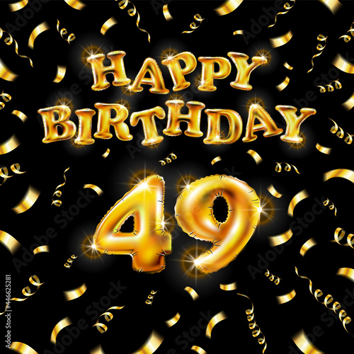 Golden number forty nine metallic balloon. Happy Birthday message made of golden inflatable balloon. 48 number etters on black background. fly gold ribbons with confetti. vector illustration photo