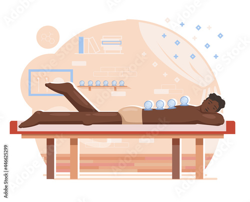 Cupping therapy vector flat design illustration. alternative medicine scene with application of heated cups. Man is lying in underwear with cups placed on his back