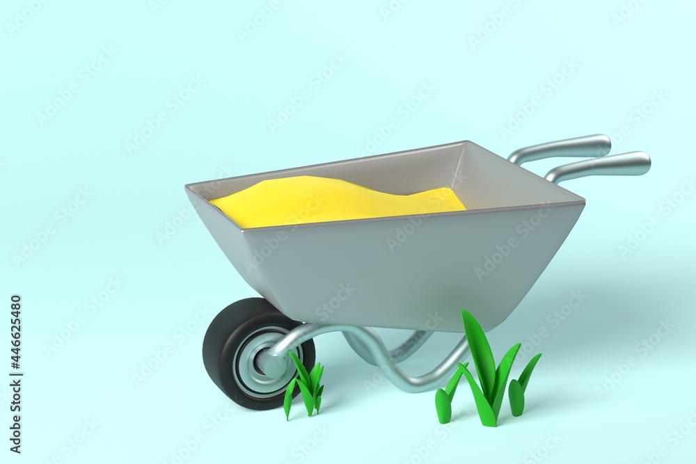 Iron wheelbarrow with grain harvest 3d rendering Iron wheelbarrow with grain harvest 3d rendering