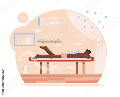 Cupping therapy vector flat design illustration. alternative medicine scene with application of heated cups. Man is lying in underwear with cups placed on his back