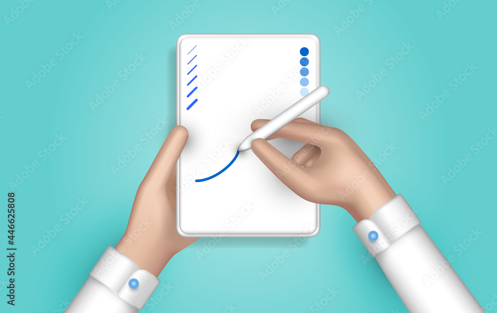 Graphic designer draws a digital image on a tablet. The use of modern technology in art. Top view. Web background. Hands holding a tablet and a pen. 3D vector illustration.