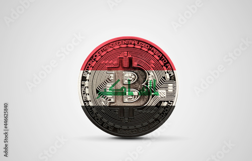 Iraq flag on a bitcoin cryptocurrency coin. 3D Rendering