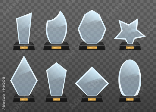 Realistic glass trophy award, golden winner prizes