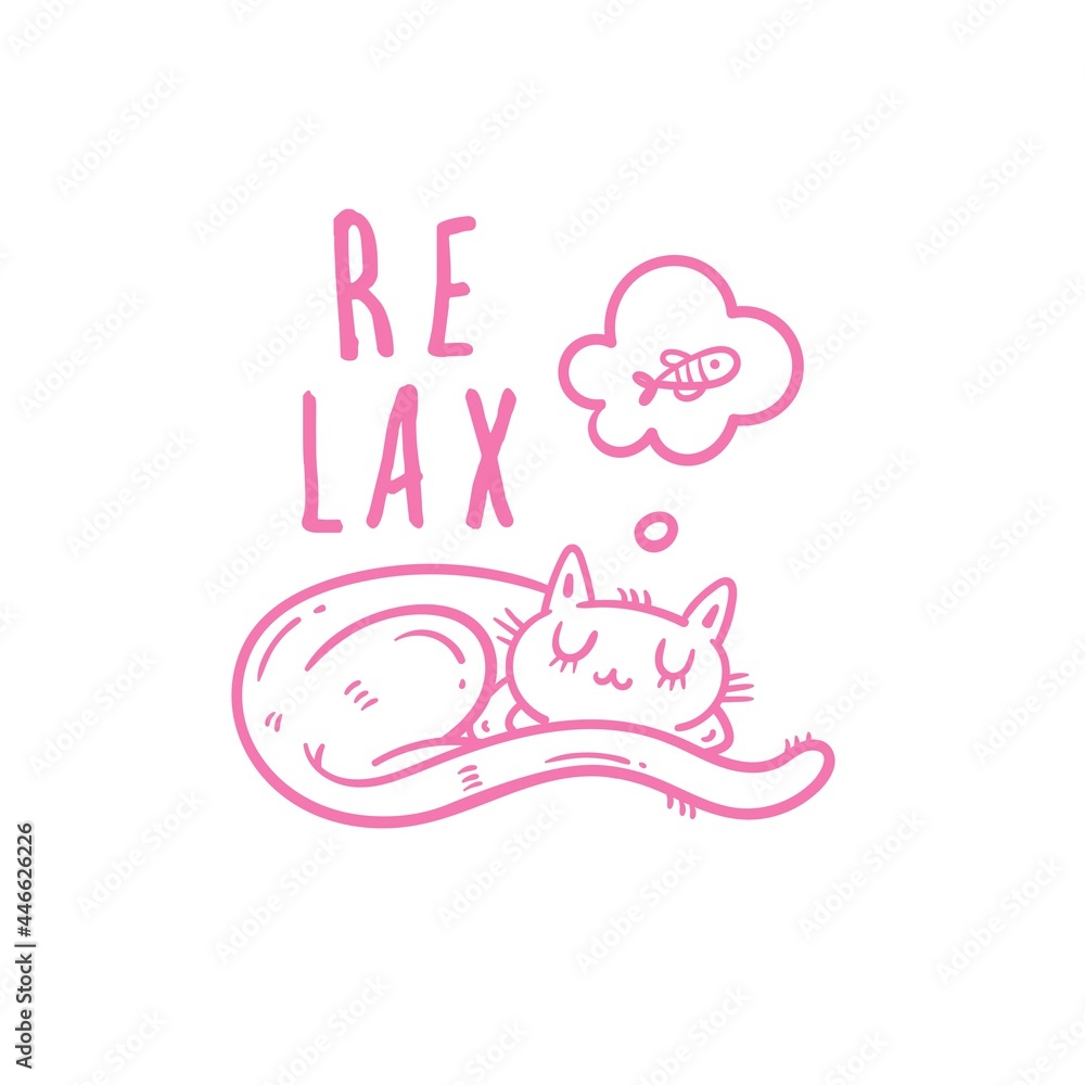 Card with cute cartoon relax cat. Funny doodle kitten. Vector contour image. Sleeping animal print. Card with cute cartoon relax cat. Funny doodle kitten. Vector contour image. Sleeping animal print.