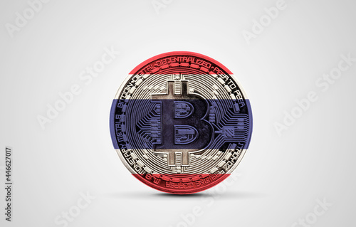 Thailand flag on a bitcoin cryptocurrency coin. 3D Rendering