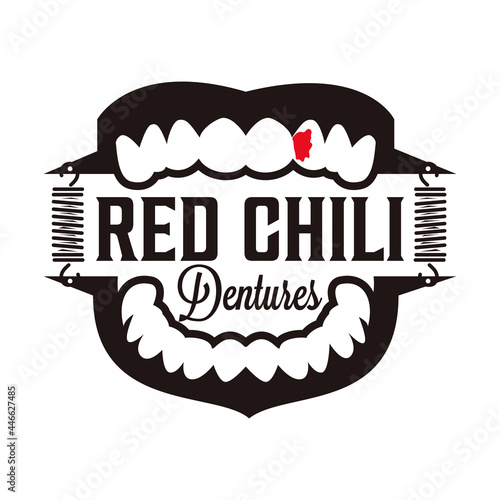 red chili dentures logo, vintage retro rustic dentures and springs with red pepper skin stains vector