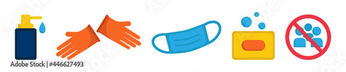 Coronavirus prevention icon set. Covid-19 safety rules. Hand sanitizer, protective gloves, medical mask, soap and social distancing concept
