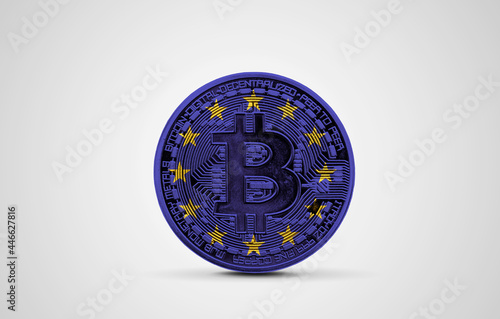 EUropean Union flag on a bitcoin cryptocurrency coin. 3D Rendering photo
