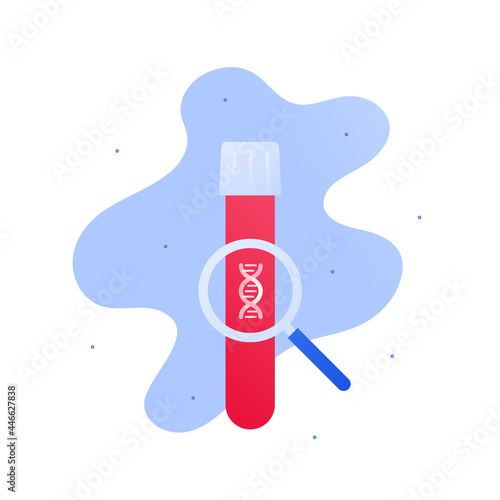 Blood test concept. Vector flat healthcare illustration. Laboratory tube with red liquid, magnifier glass and dna spiral symbol. Design element for health care, genetic research.