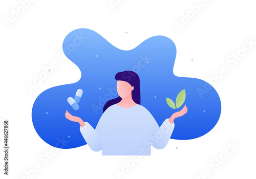 Herbal and medicine comparison. Vector flat people illustration. Female hold in hand leaf and capsule isolated on white background. Design for alternative healthcare, pharmacy, beauty.