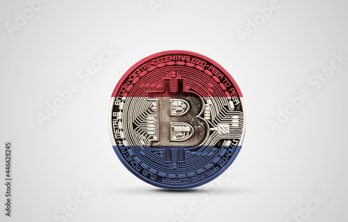 Netherlands flag on a bitcoin cryptocurrency coin. 3D Rendering