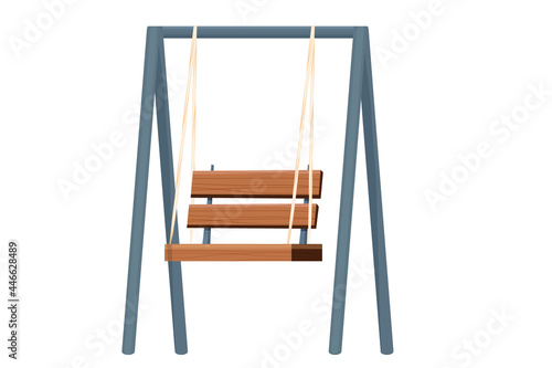 Wooden swing backyard furniture, hanging bench in cartoon style isolated on white background. Rural comfortable seat. Garden, park decoration.