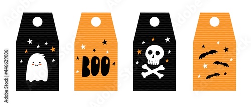 Set of four halloween cards featuring stars, ghost, bats, skull and bones. Vector illustration.