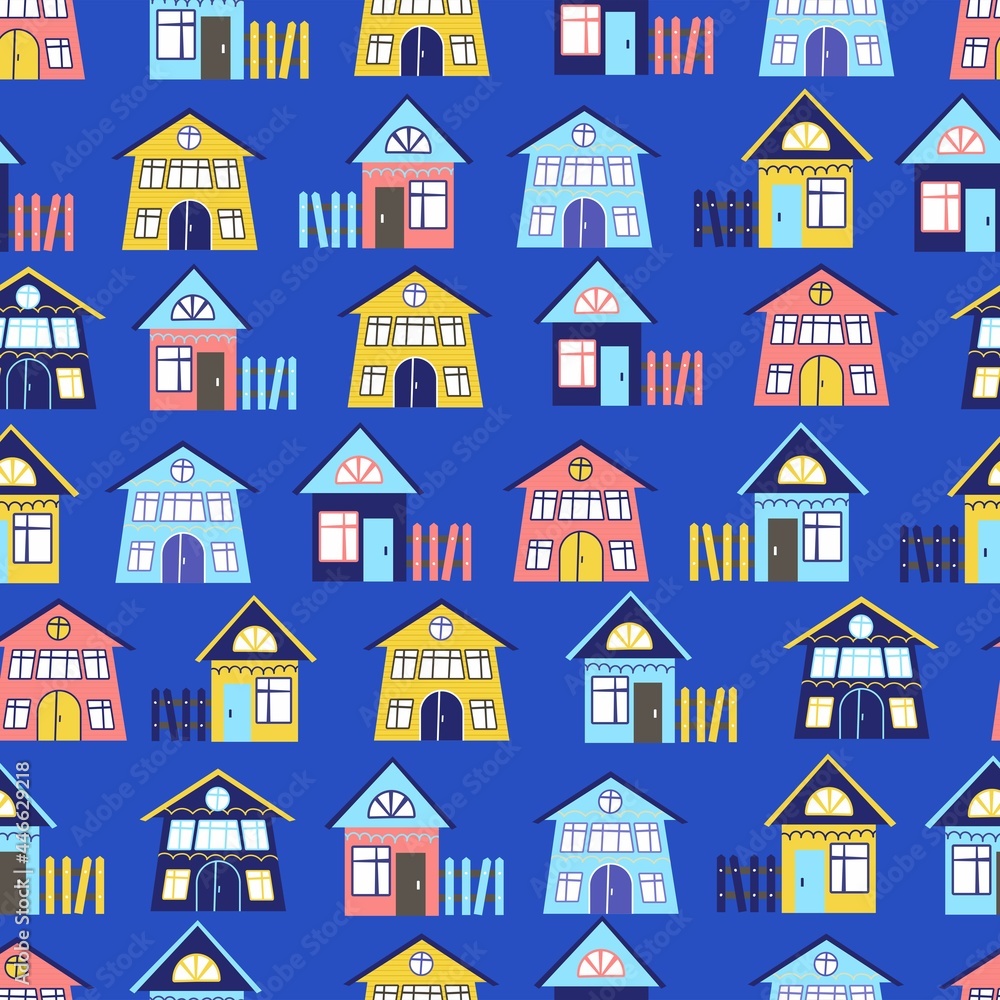 Funny multi-colored houses pattern on a blue background vector illustration. In a flat style for printing on textiles and souvenirs.