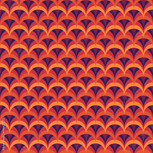 Seamless pattern. Asian ornament. Fish scale wallpaper. Repeated scallops. Squamata backdrop. Geometric background. Semicircles image. Mosaic motif. Squama digital paper. Vector